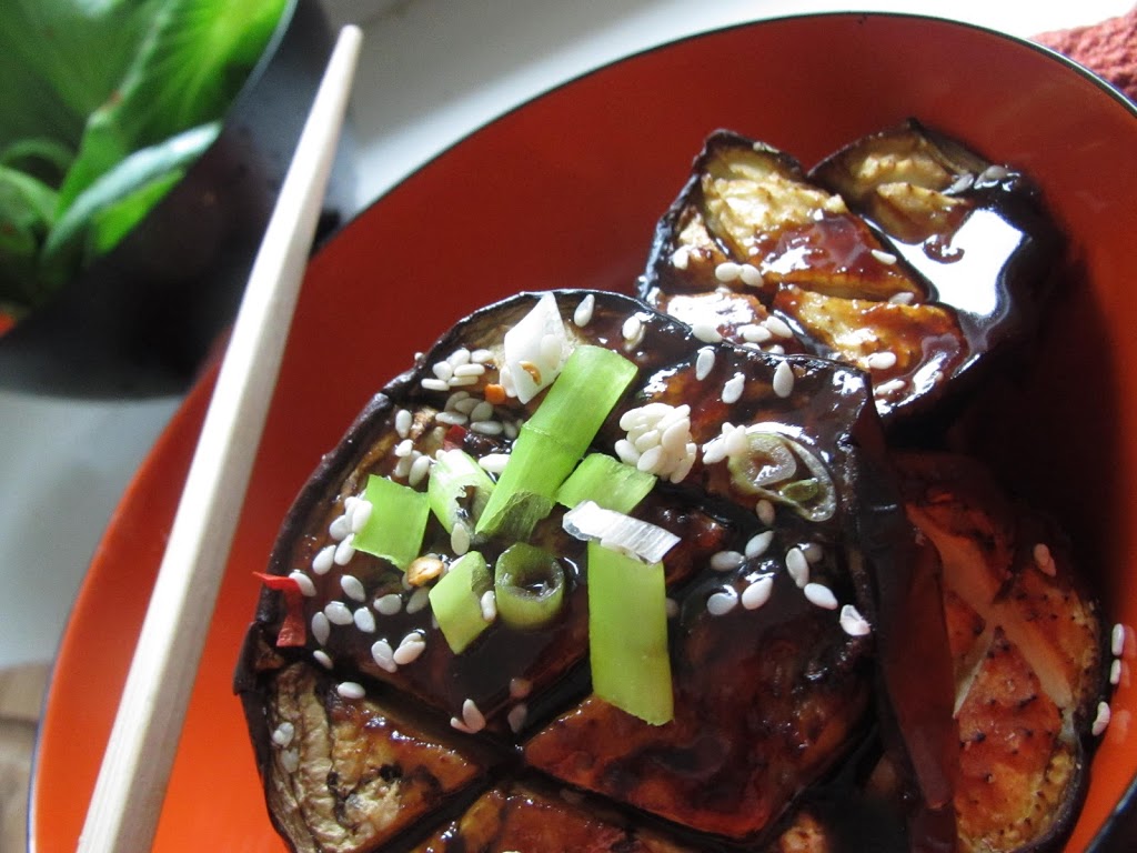 Easy Aubergine (Eggplant)  – Nasu Dengaku with Sautéed Bok Choy and Citrus Dressing